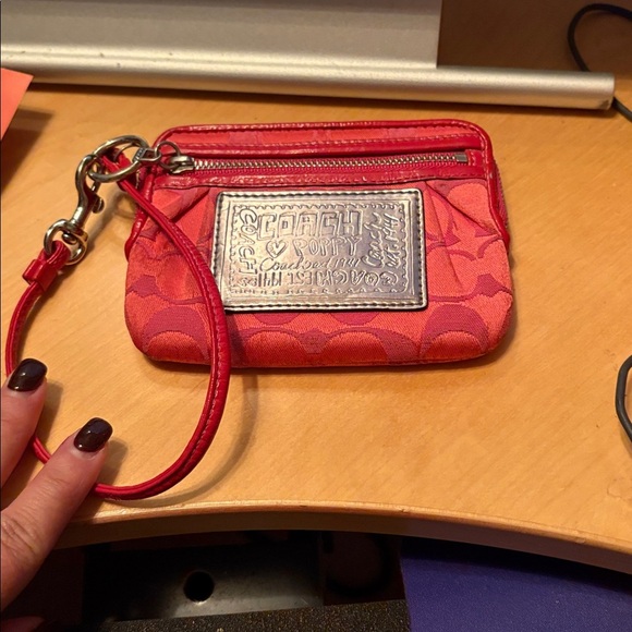 Coach Poppy Red and Pink Wristlet with Silver Logo - Picture 1 of 5